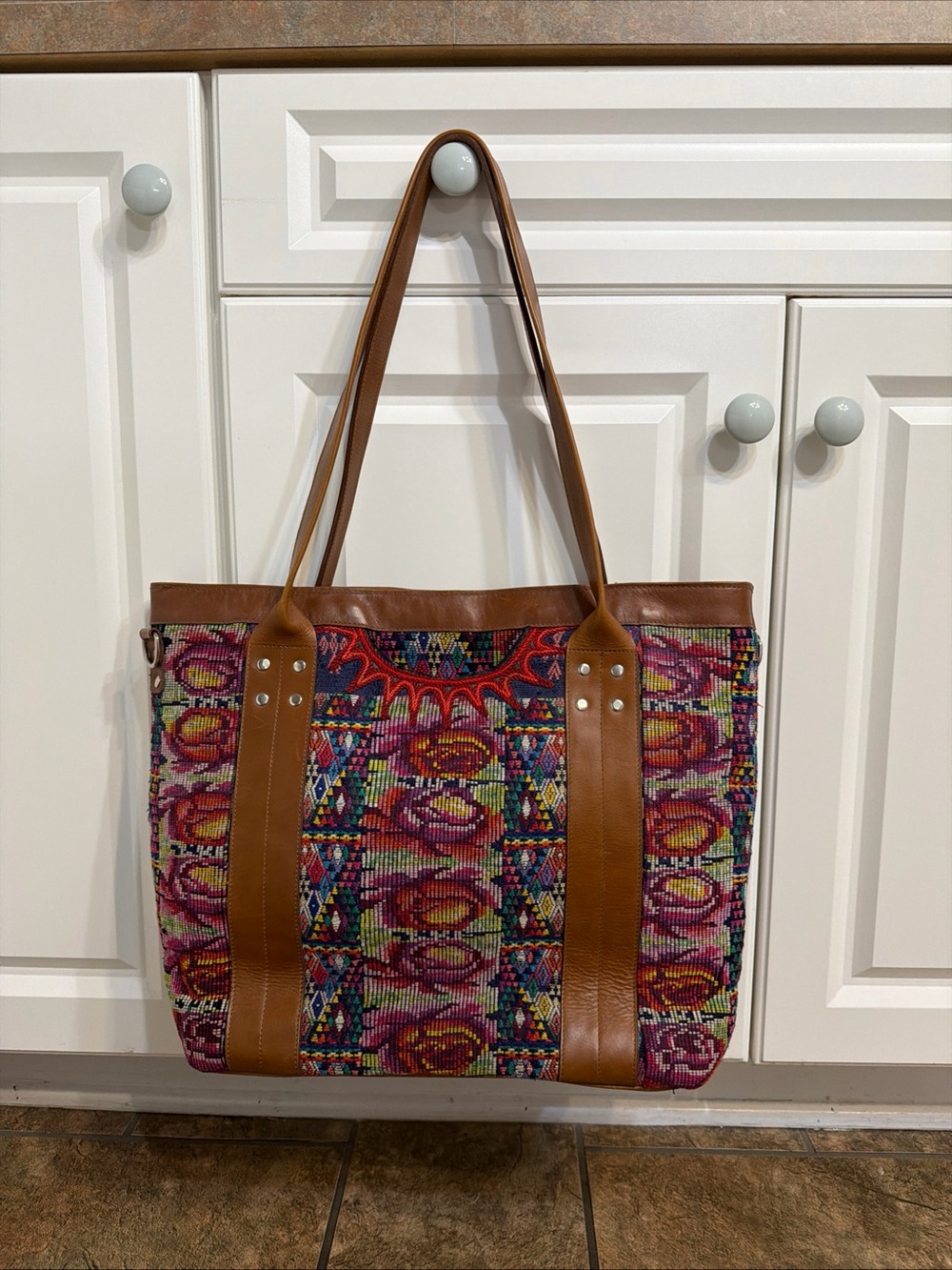 Handmade Guatemalan Fabric And Leather Tote Shoulder Nena Huipil